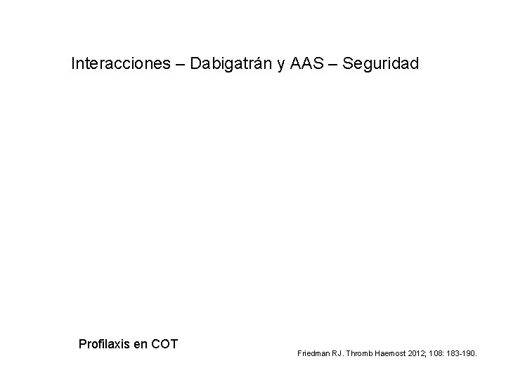 Interacciones – Dabigatrán y AAS – Seguridad Profilaxis en COT Friedman RJ. Thromb Haemost