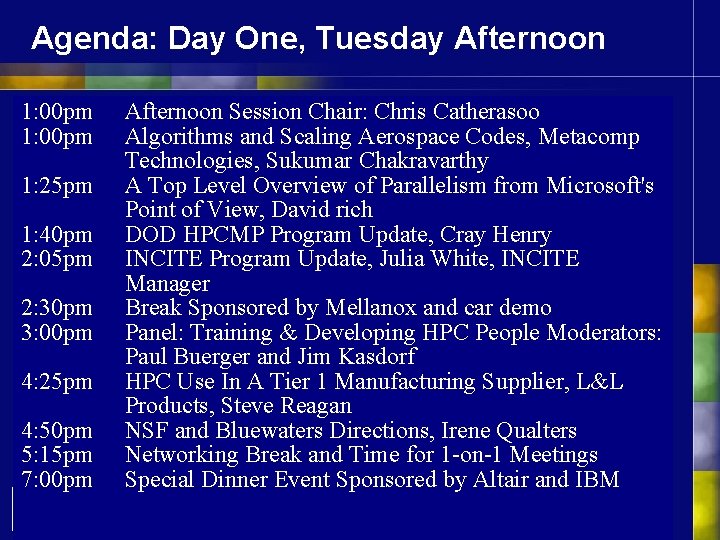 Agenda: Day One, Tuesday Afternoon 1: 00 pm 1: 25 pm 1: 40 pm