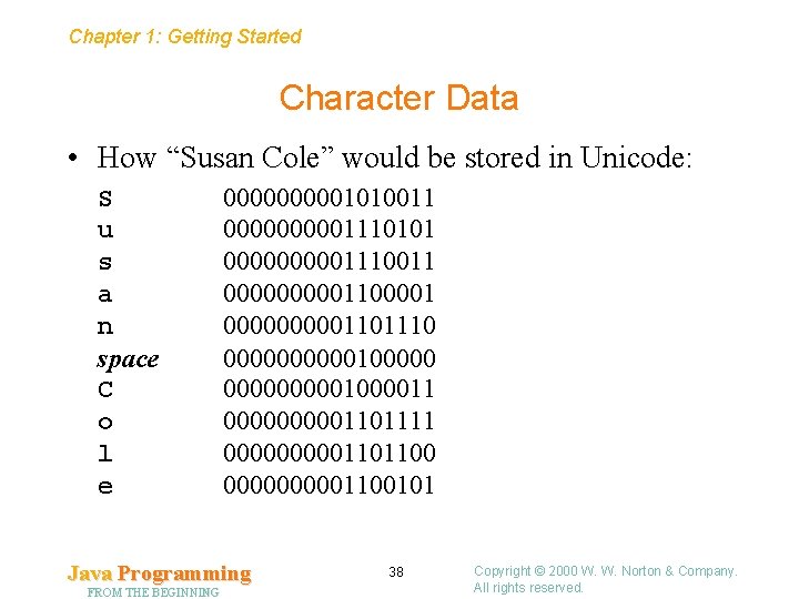 Chapter 1: Getting Started Character Data • How “Susan Cole” would be stored in