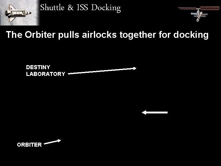 Shuttle & ISS Docking The Orbiter pulls airlocks together for docking DESTINY LABORATORY AIR