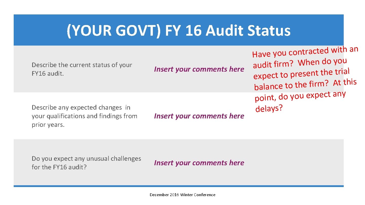 (YOUR GOVT) FY 16 Audit Status Describe the current status of your FY 16