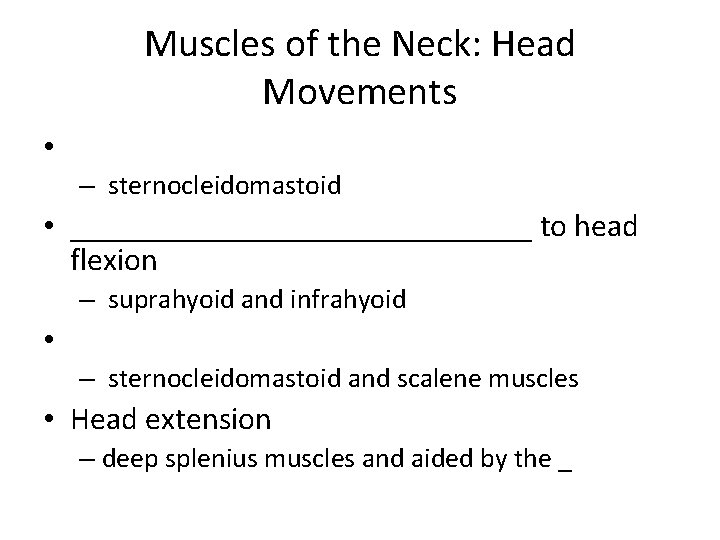 Muscles of the Neck: Head Movements • – sternocleidomastoid • _______________ to head flexion