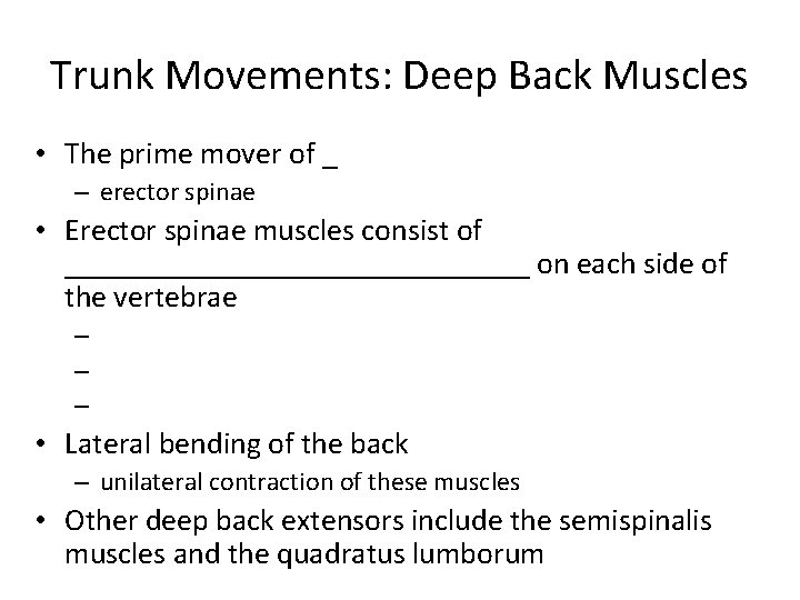 Trunk Movements: Deep Back Muscles • The prime mover of _ – erector spinae