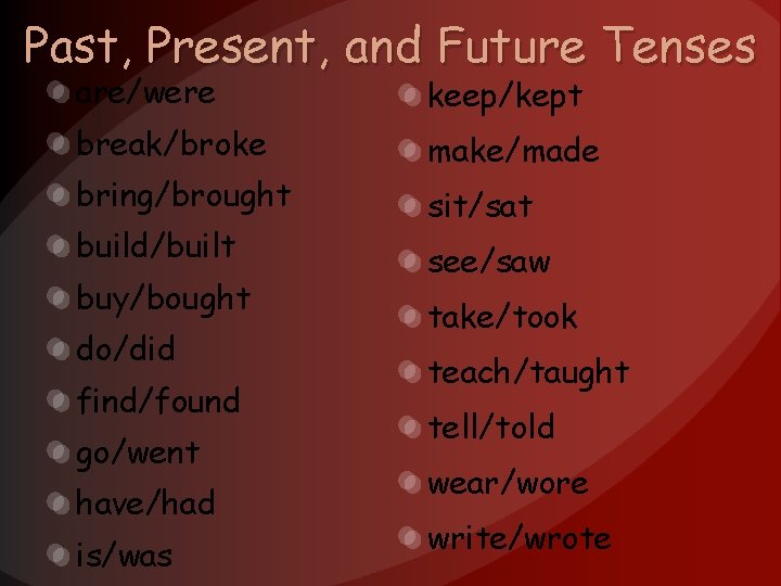 Past, Present, and Future Tenses are/were keep/kept break/broke make/made bring/brought build/built buy/bought do/did find/found