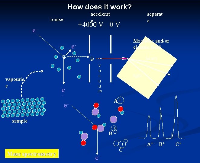 How does it work? accelerat e ionise separat e +4000 V e- Magnetic and/or