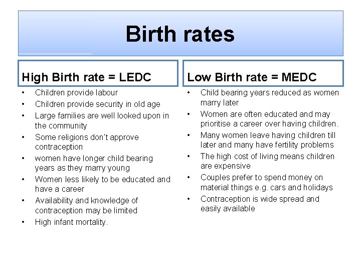 Birth rates High Birth rate = LEDC Low Birth rate = MEDC • •