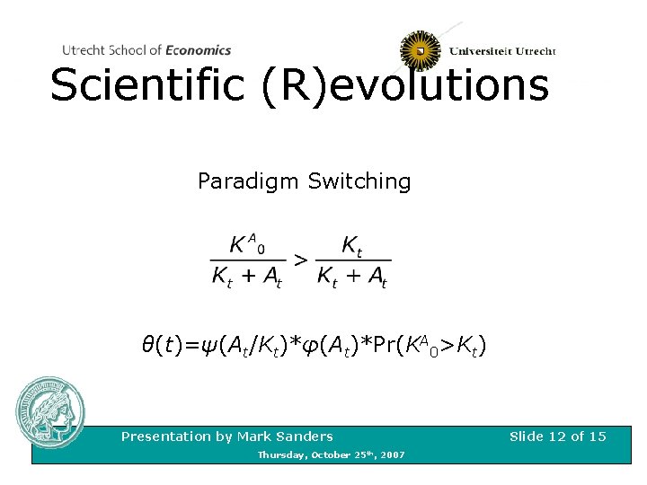 Scientific (R)evolutions Paradigm Switching θ(t)=ψ(At/Kt)*φ(At)*Pr(KA 0>Kt) Presentation by Mark Sanders Thursday, October 25 th,