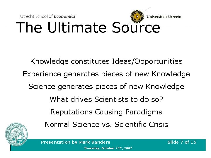 The Ultimate Source Knowledge constitutes Ideas/Opportunities Experience generates pieces of new Knowledge Science generates