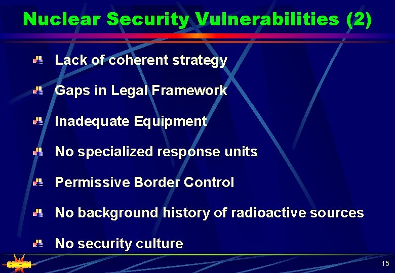 Nuclear Security Vulnerabilities (2) Lack of coherent strategy Gaps in Legal Framework Inadequate Equipment