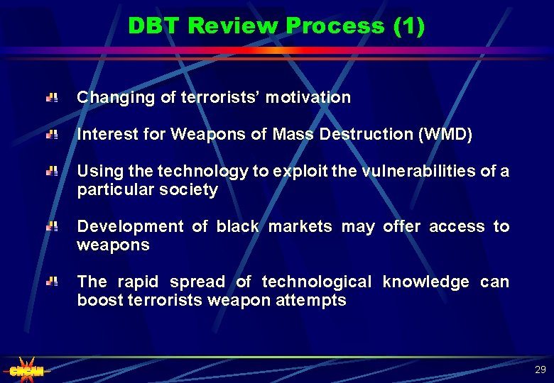 DBT Review Process (1) Changing of terrorists’ motivation Interest for Weapons of Mass Destruction