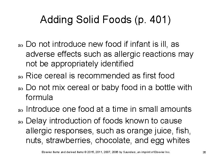 Adding Solid Foods (p. 401) Do not introduce new food if infant is ill, Adding Solid Foods (p. 401) Do not introduce new food if infant is ill,