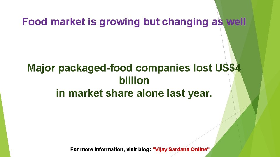 Food market is growing but changing as well Major packaged-food companies lost US$4 billion