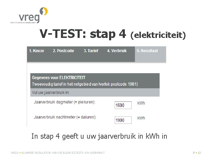 V-TEST: stap 4 (elektriciteit) In stap 4 geeft u uw jaarverbruik in k. Wh