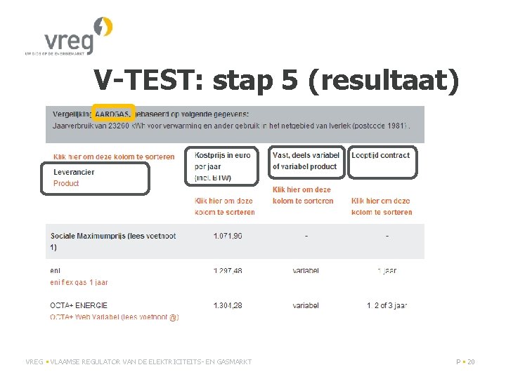 V-TEST: stap 5 (resultaat) VREG • VLAAMSE REGULATOR VAN DE ELEKTRICITEITS- EN GASMARKT P