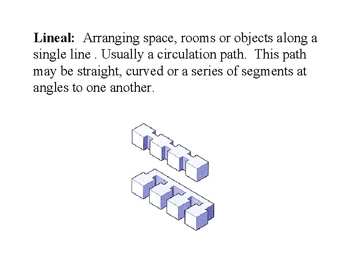 Lineal: Arranging space, rooms or objects along a single line. Usually a circulation path.