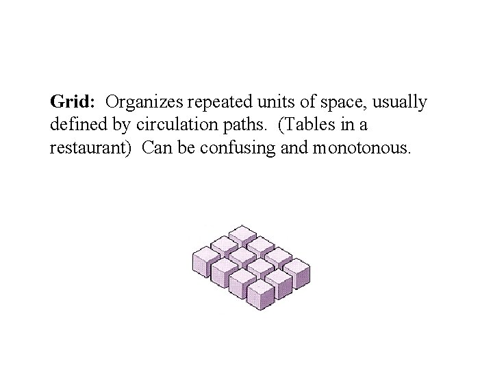 Grid: Organizes repeated units of space, usually defined by circulation paths. (Tables in a