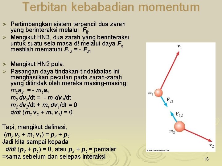 Terbitan kebabadian momentum Pertimbangkan sistem terpencil dua zarah yang berinteraksi melalui Fij: Ø Mengikut