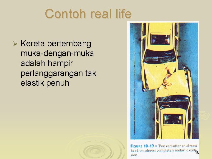 Contoh real life Ø Kereta bertembang muka-dengan-muka adalah hampir perlanggarangan tak elastik penuh 48