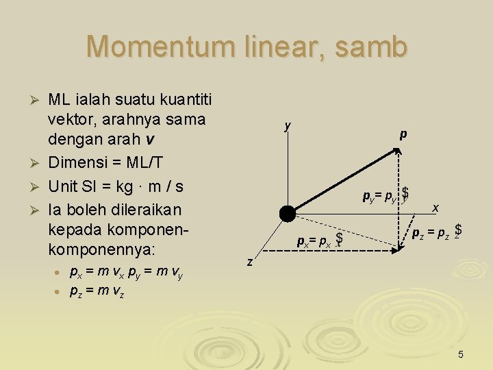 Momentum linear, samb Ø Ø ML ialah suatu kuantiti vektor, arahnya sama dengan arah