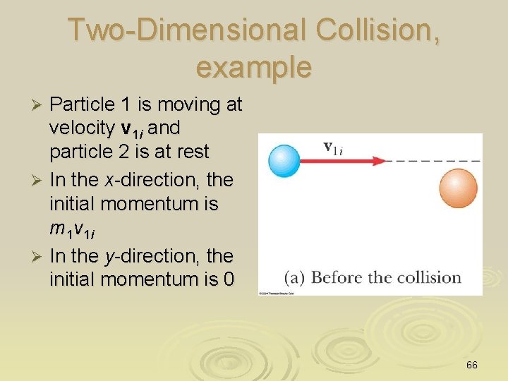 Two-Dimensional Collision, example Particle 1 is moving at velocity v 1 i and particle