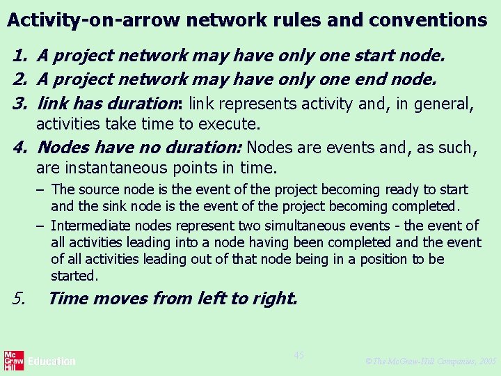 Activity-on-arrow network rules and conventions 1. A project network may have only one start