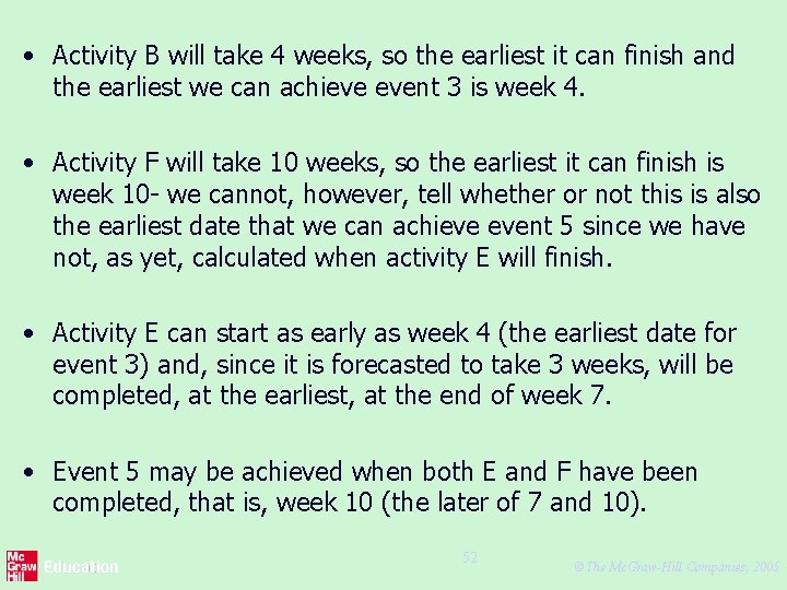  • Activity B will take 4 weeks, so the earliest it can finish