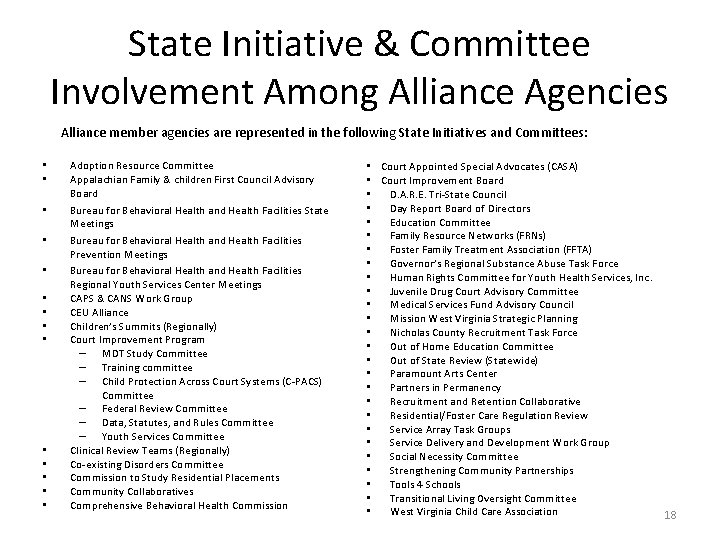 State Initiative & Committee Involvement Among Alliance Agencies Alliance member agencies are represented in