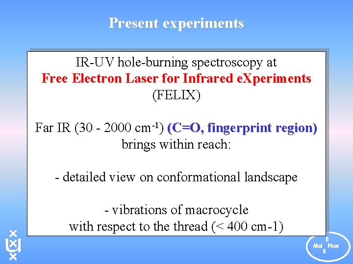 Present experiments IR-UV hole-burning spectroscopy at Free Electron Laser for Infrared e. Xperiments (FELIX)