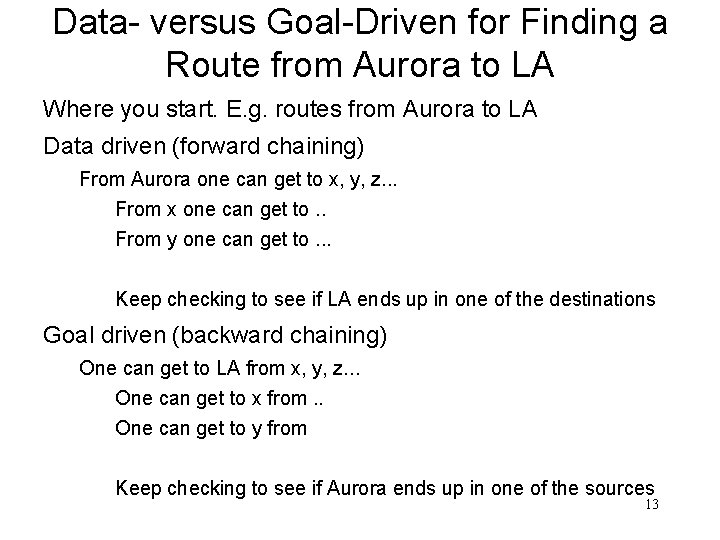 Data- versus Goal-Driven for Finding a Route from Aurora to LA Where you start.