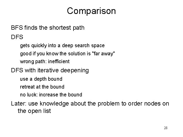 Comparison BFS finds the shortest path DFS gets quickly into a deep search space