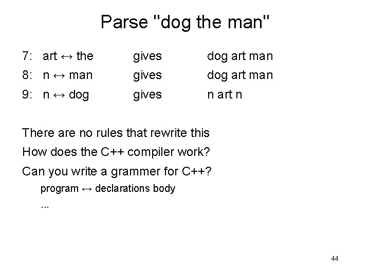 Parse "dog the man" 7: art ↔ the gives dog art man 8: n