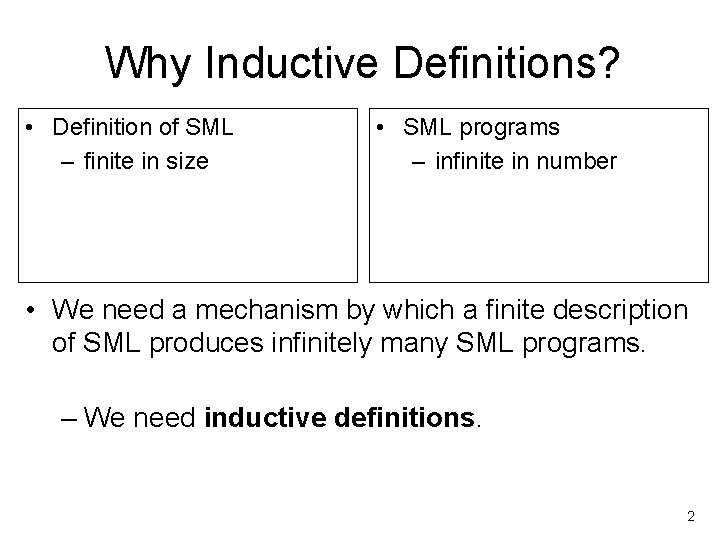 Why Inductive Definitions? • Definition of SML – finite in size • SML programs