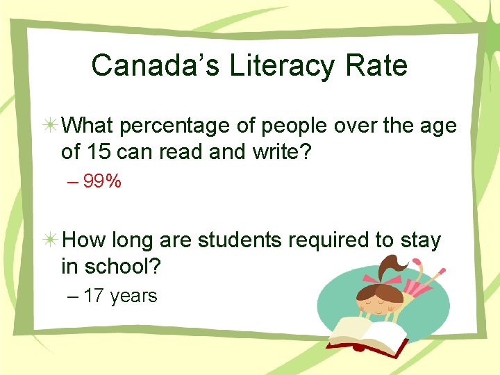 Canada’s Literacy Rate What percentage of people over the age of 15 can read