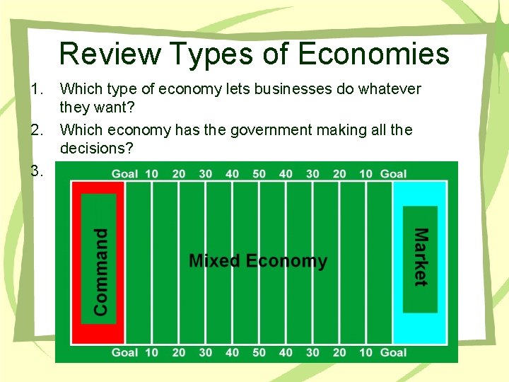 Review Types of Economies 1. 2. 3. Which type of economy lets businesses do