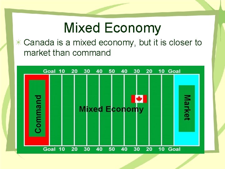 Mixed Economy Canada is a mixed economy, but it is closer to market than