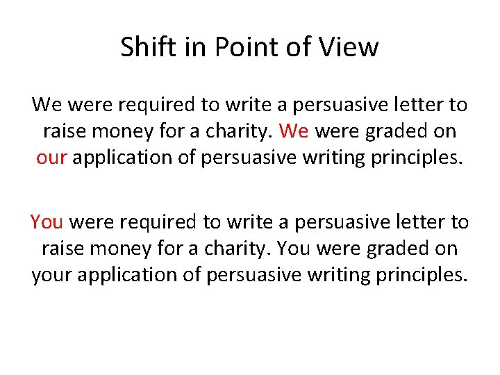 Shift in Point of View We were required to write a persuasive letter to