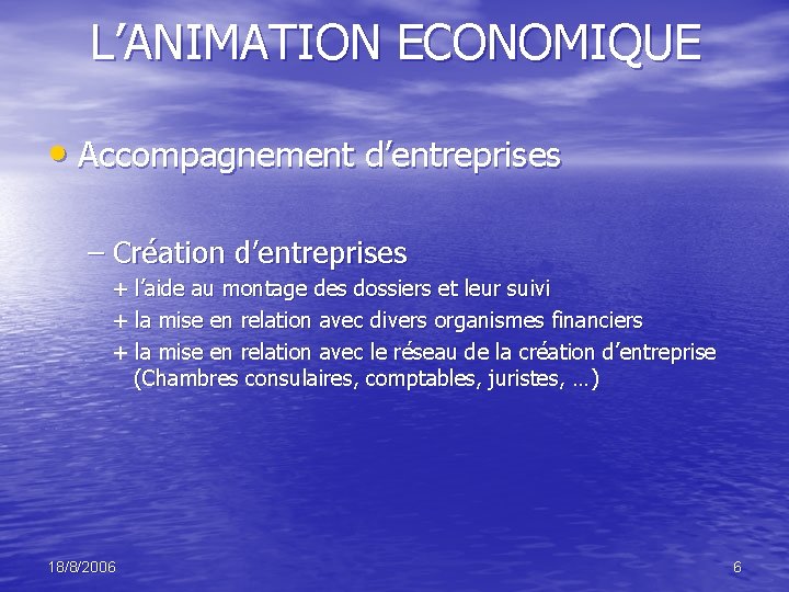 L’ANIMATION ECONOMIQUE • Accompagnement d’entreprises – Création d’entreprises + l’aide au montage des dossiers