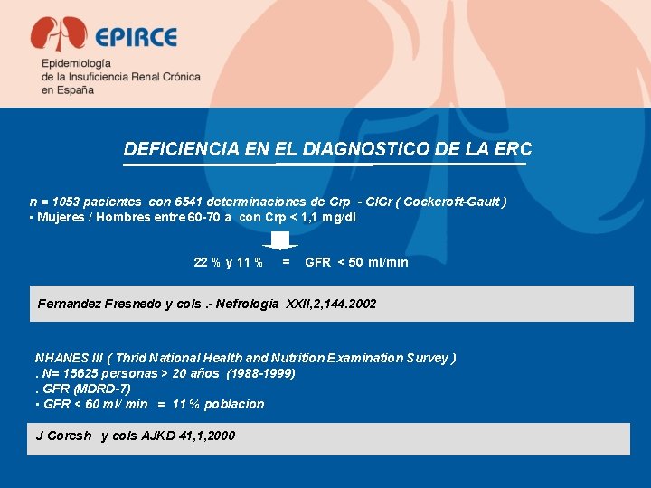 DEFICIENCIA EN EL DIAGNOSTICO DE LA ERC n = 1053 pacientes con 6541 determinaciones