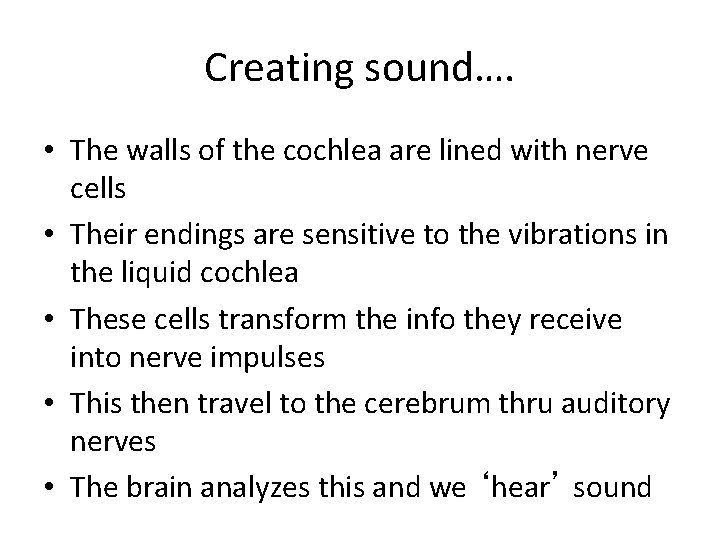 Creating sound…. • The walls of the cochlea are lined with nerve cells •