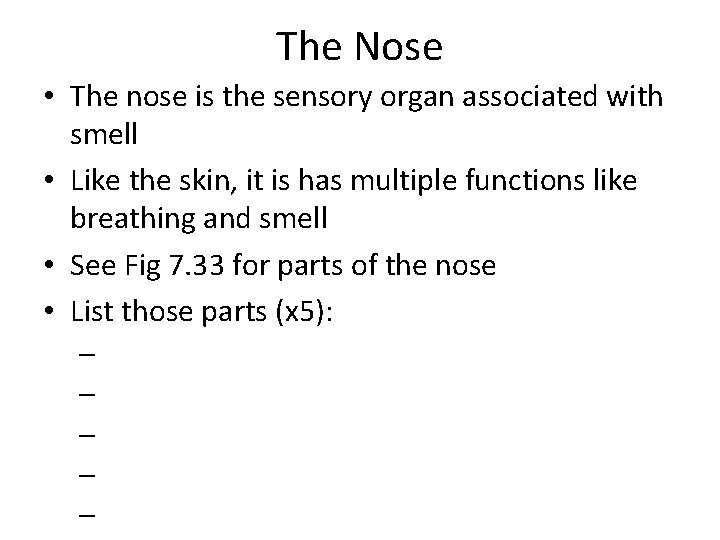 The Nose • The nose is the sensory organ associated with smell • Like