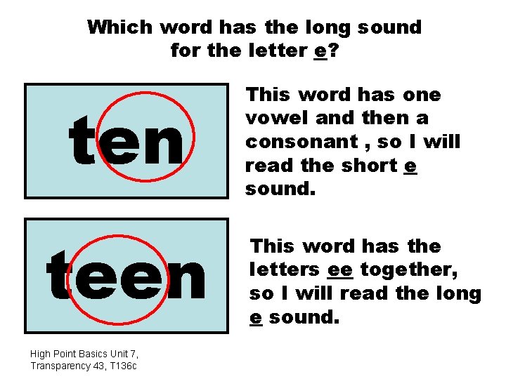 Which word has the long sound for the letter e? ten teen High Point