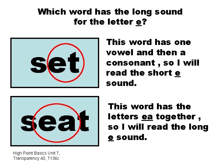 Which word has the long sound for the letter e? set seat High Point