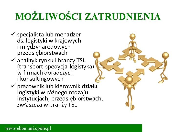 MOŻLIWOŚCI ZATRUDNIENIA ü specjalista lub menadżer ds. logistyki w krajowych i międzynarodowych przedsiębiorstwach ü