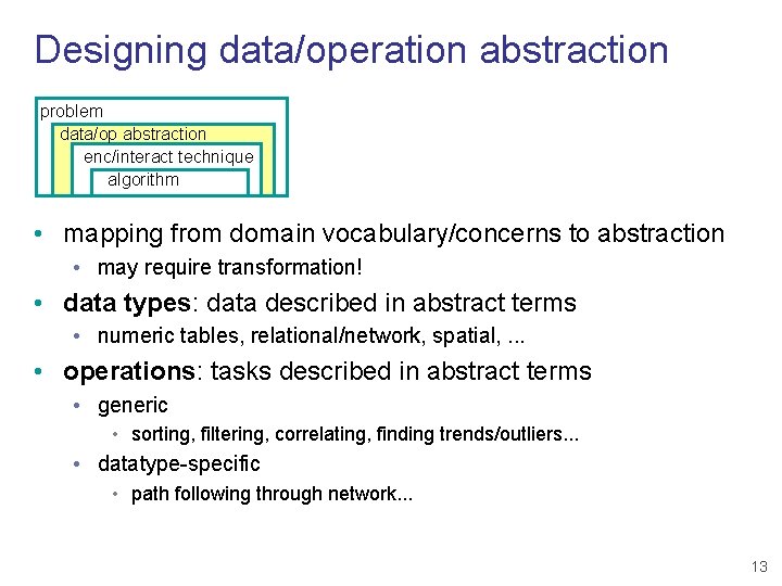 Designing data/operation abstraction problem data/op abstraction enc/interact technique algorithm • mapping from domain vocabulary/concerns