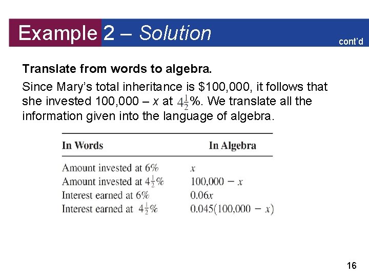 Example 2 – Solution cont’d Translate from words to algebra. Since Mary’s total inheritance