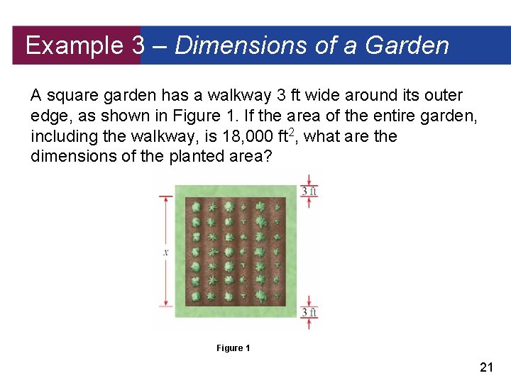 Example 3 – Dimensions of a Garden A square garden has a walkway 3