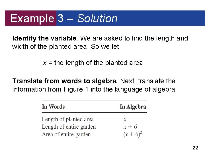 Example 3 – Solution Identify the variable. We are asked to find the length