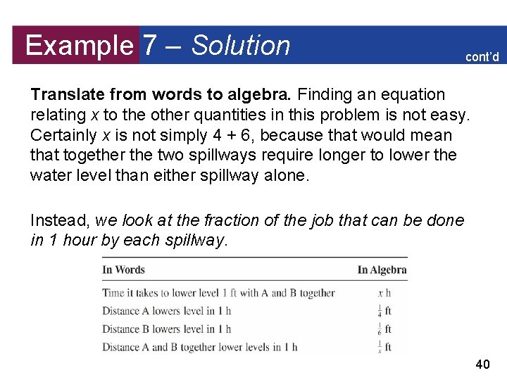 Example 7 – Solution cont’d Translate from words to algebra. Finding an equation relating