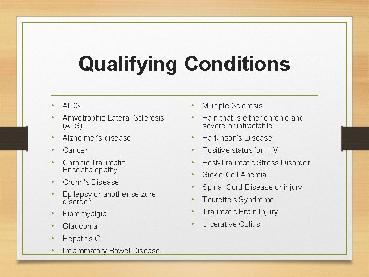 Qualifying Conditions • AIDS • Amyotrophic Lateral Sclerosis • Multiple Sclerosis • Pain that