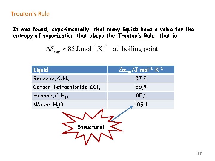 Trouton’s Rule It was found, experimentally, that many liquids have a value for the